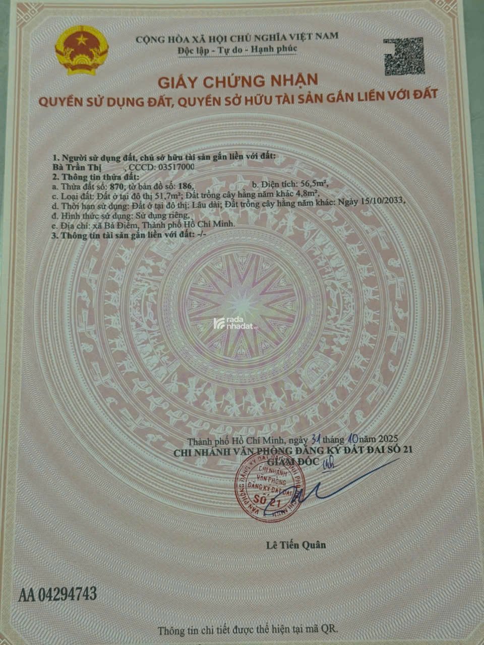 ĐẤT THỔ CƯ ĐƯỜNG NGUYỄN THỊ SÁU, BÀ ĐIỂM, GẦN CHỢ ĐẦU MỐI, 4x14m