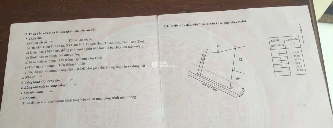 Chính chủ định cư nước ngoài bán đất xã hàm phú, bình thuận, dt 1703m2 1,55 tỷ, còn thương lượng