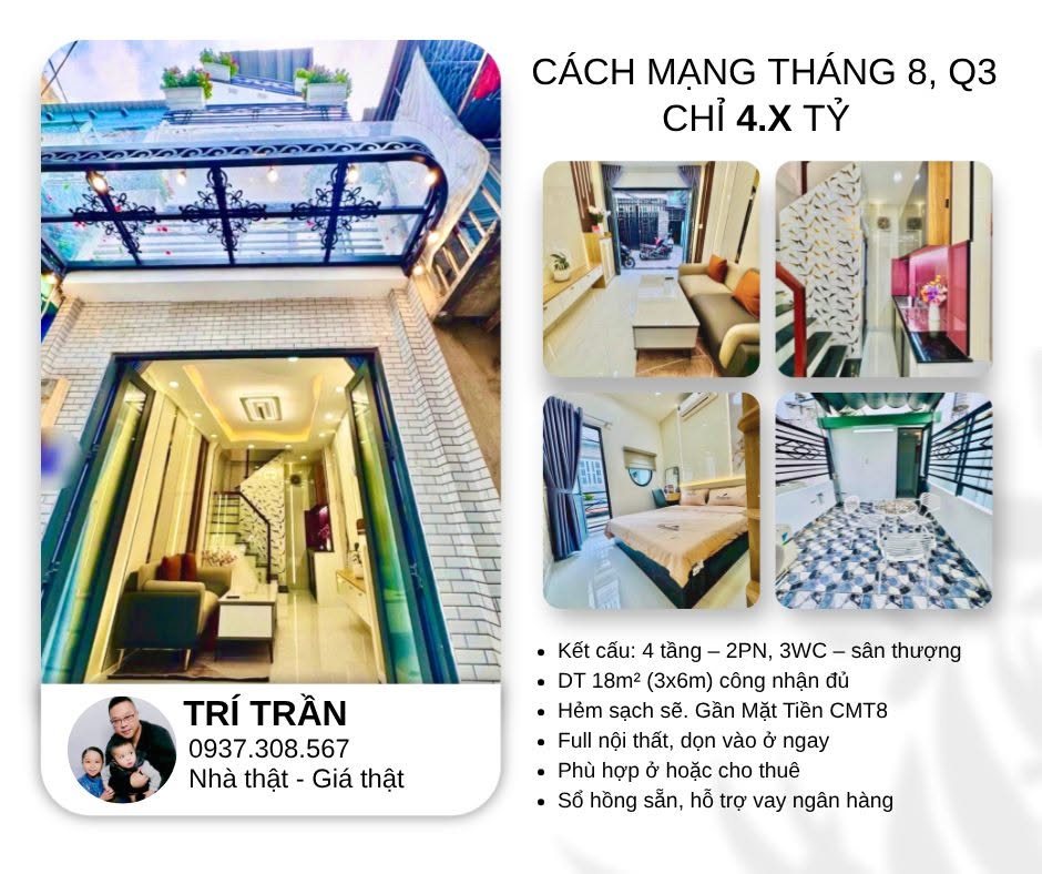 CHỈ 4.X TỶ 4 TẦNG MỚI ĐẸP FULL NỘI THẤT CAO CẤP QUẬN 3