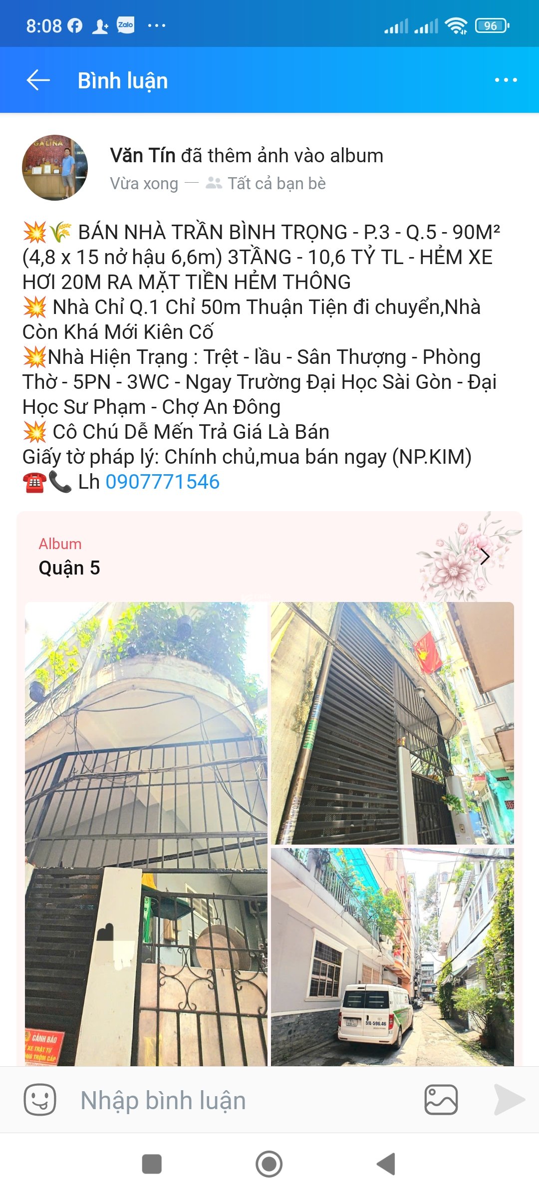 BÁN NHÀ TRẦN BÌNH TRỌNG - P.3 - Q.5 - 90M2 (4,8 x 15 nở hậu 6,6m) 3TẦNG - 10,6 TỶ TL - HẺM XE HƠI