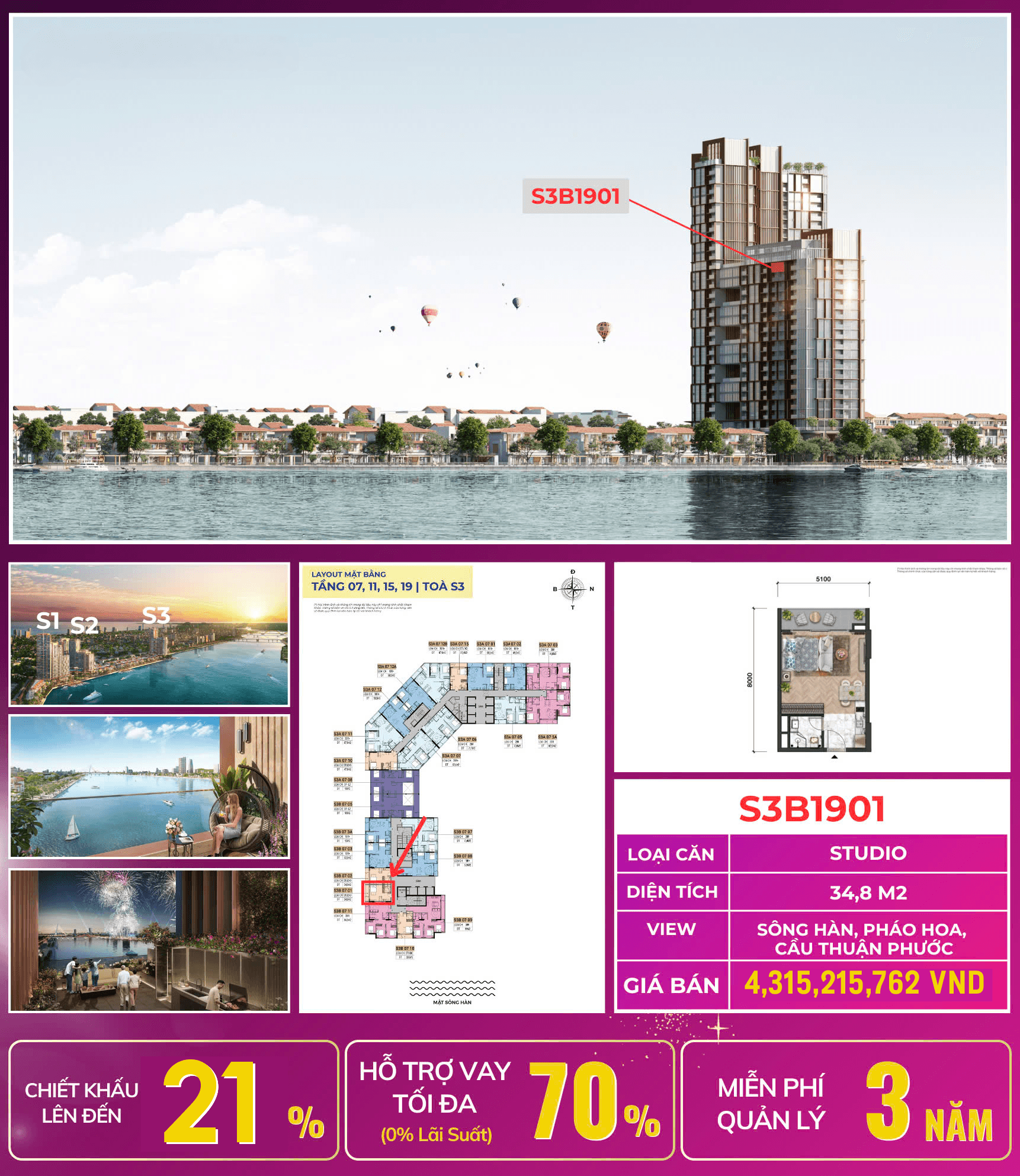 độc Quyền Căn Studio S3b1902 Giá Tốt Nhất - View Sông Hàn - View Vịnh - Sổ Hồng Lâu Dài