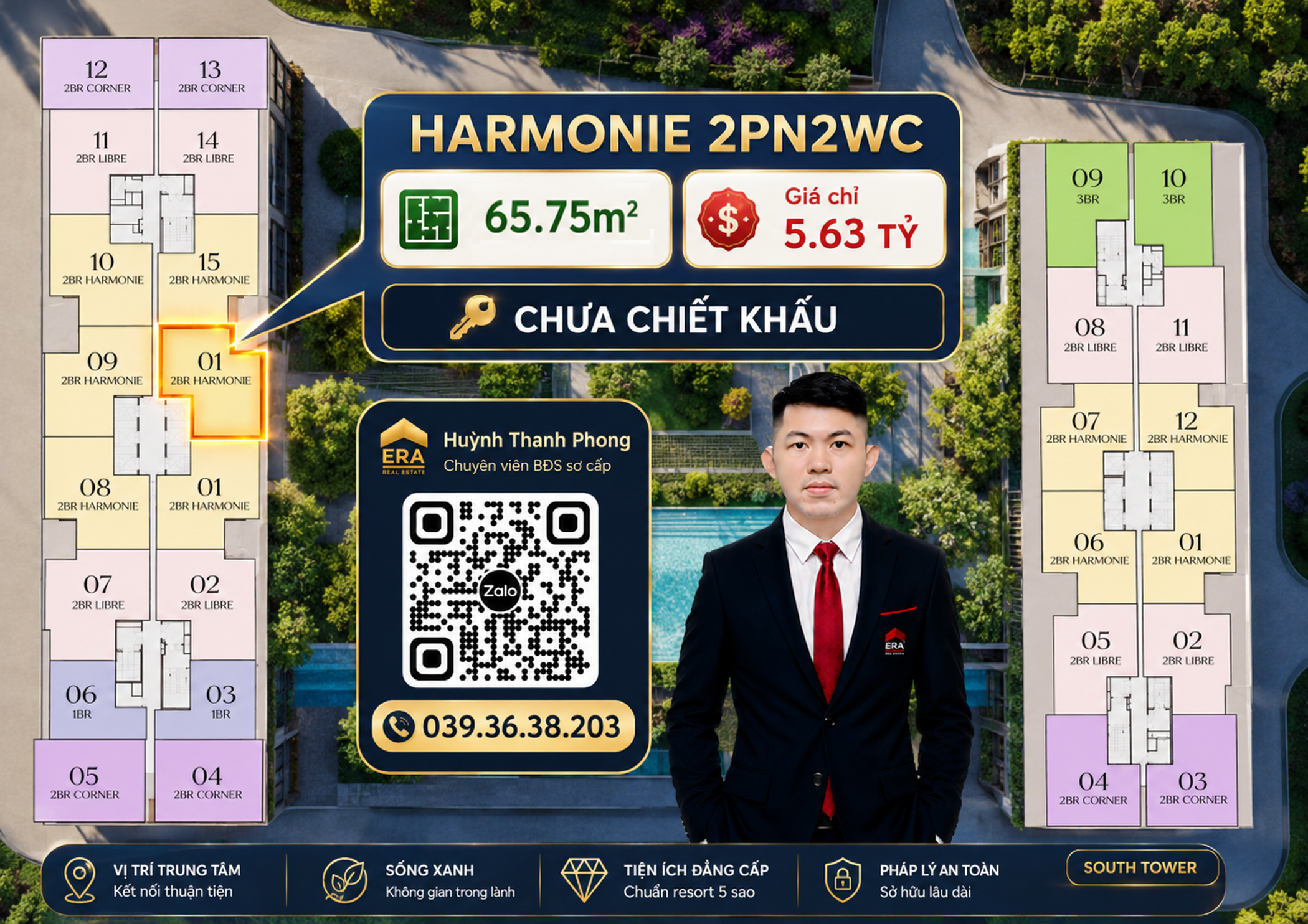 Chính thức 65.75m2 - Giá 5.63 tỷ chưa chiết khấu - Harmonie 2PN2WC Arcadia