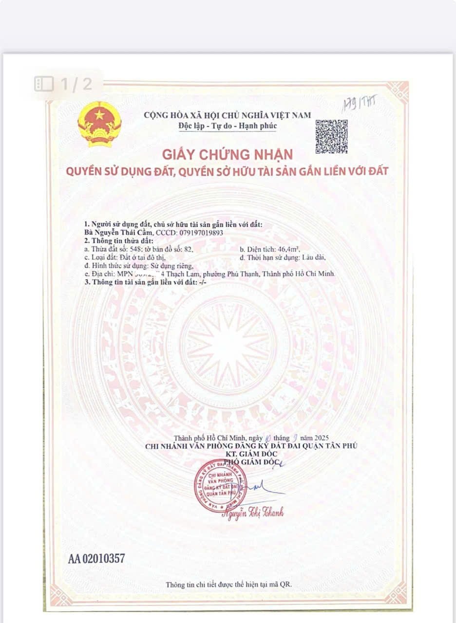 BÁN LÔ ĐẤT HXH THẠCH LAM (3 X 16M), DTCN 47M2, GIÁ CHỈ 3.7 TỶ