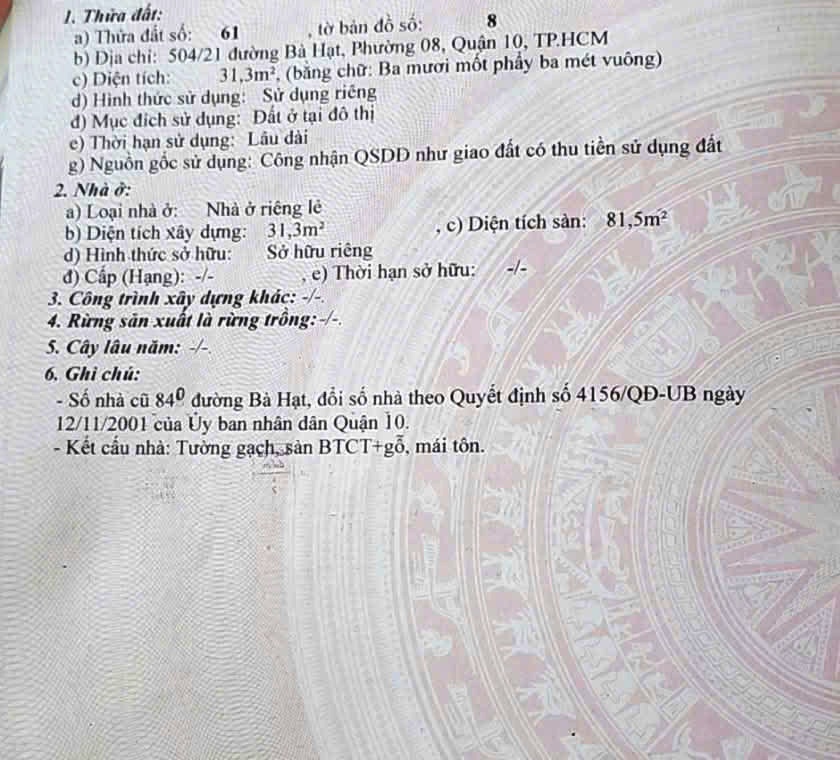 Bán nhà riêng - chính chủ - trung tâm Q10 - nối liền trục chính đường 3 tháng 2  đường Bà Hạt.