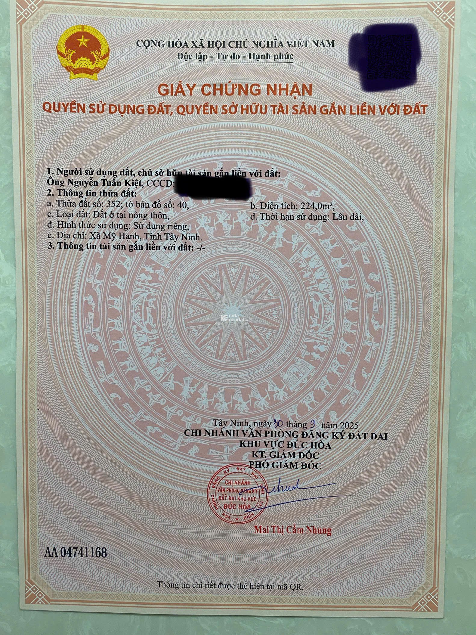 Bán lô đất 5x45225m2 thổ 100% tại trung tâm xã Mỹ Hạnh mới