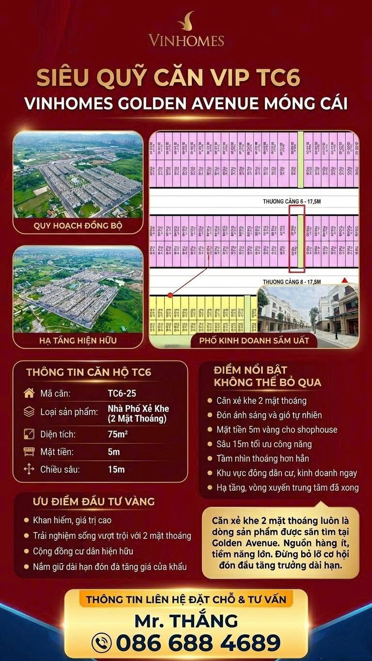 CHUYỂN NHƯỢNG CĂN XẺ KHE TC6 GOLDEN AVENUE MÓNG CÁI