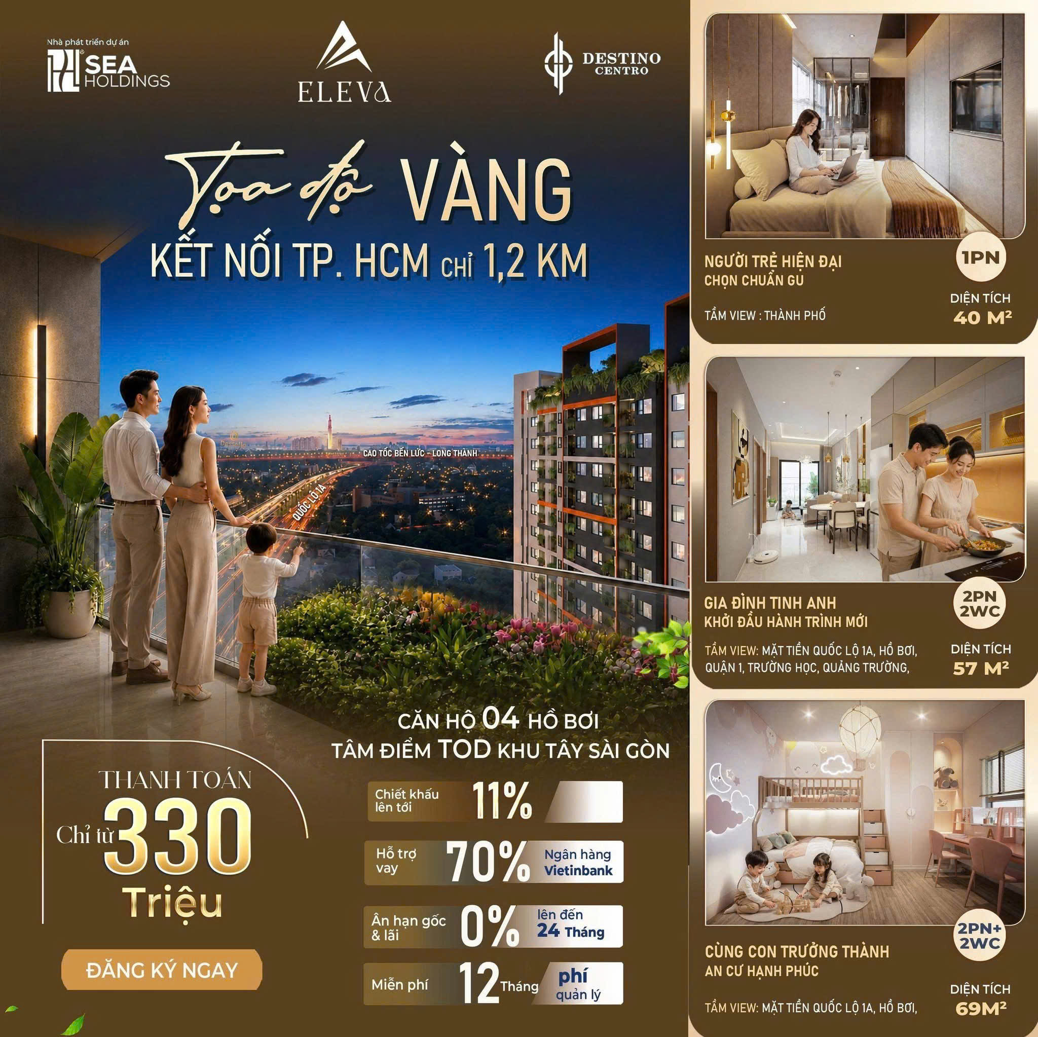 300 TRIỆU  15% SỞ HỮU CĂN HỘ 2 PN TẠI DESTINO CENTRO TRÊN QL1A TUYẾN LÊ KHẢ PHIÊU