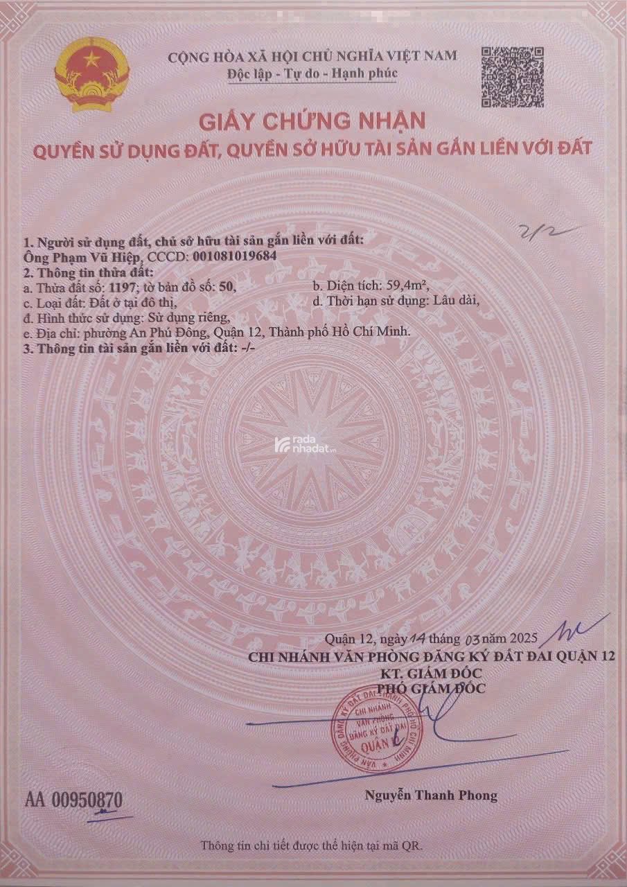 BÁN ĐẤT ĐẸP 60M2 HẺM 140/98 VƯỜN LÀI - P. AN PHÚ ĐÔNG, Q12 