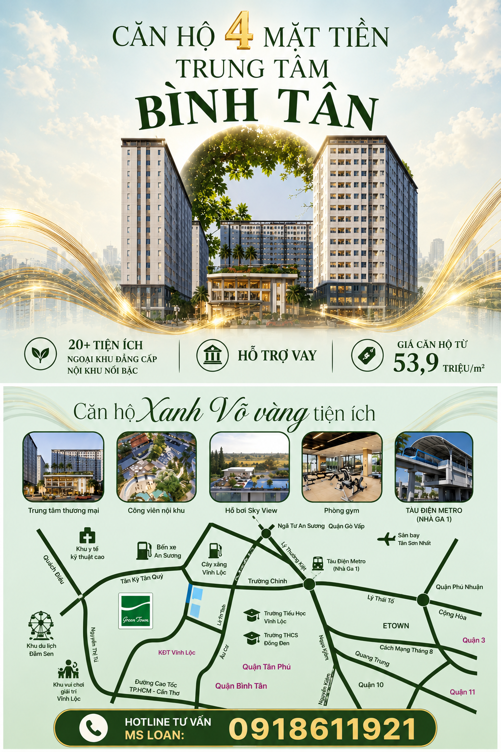 Chỉ từ 827 triệu sở hữu căn hộ Green Town Bình Tân