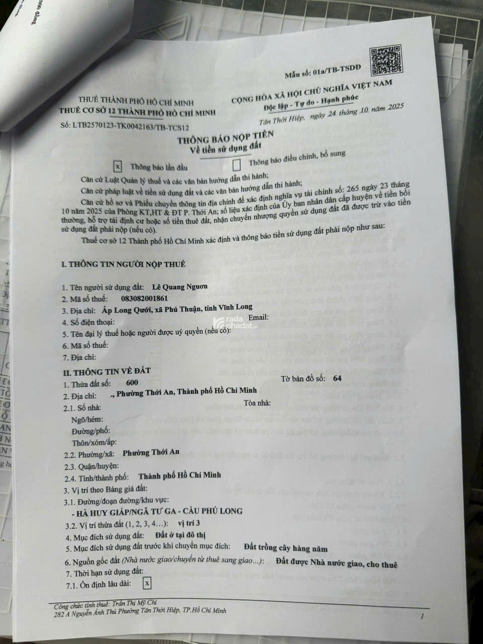 BÁN ĐẤT 1 XẸC HÀ HUY GIÁP - ĐỐI DIỆN TL41, Q.12 3.X TỶ 108M2