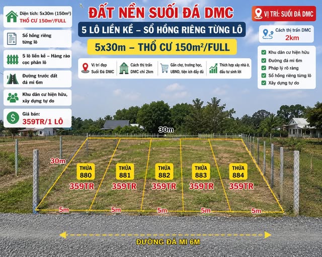Chỉ 359tr sở hữu ngay 1 nền 150m2, full thổ cư, SHR,Cách thị trấn DMC 2km