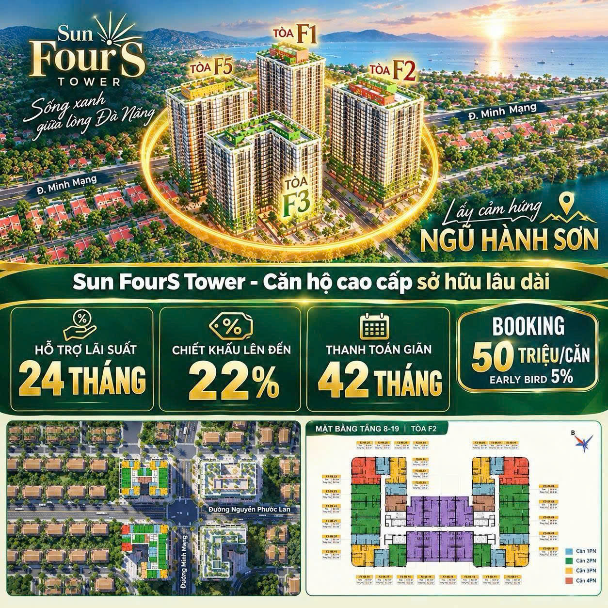 Toà F2 - Vốn ban đầu 686 triệu có căn 2PN-1VS view sông biển, hỗ trợ lãi 24 tháng, sổ đỏ lâu dài.