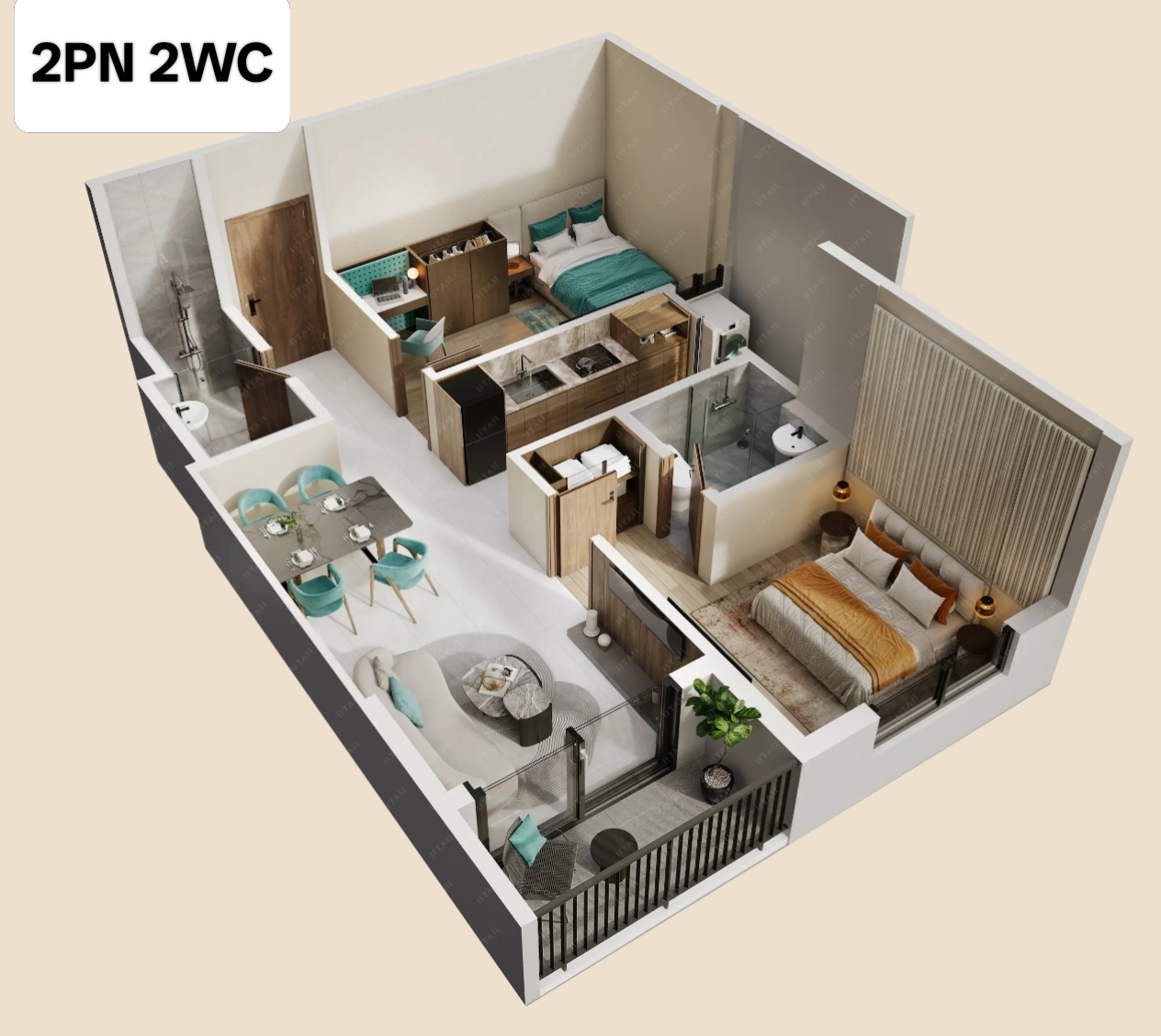 2PN 2WC - DT thông thủy 56.6M2 tầng 18 view phân khu