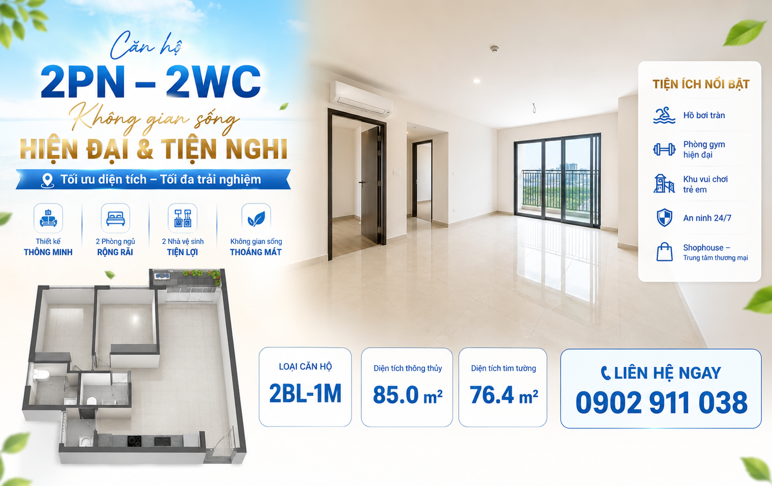 bán căn hộ 2PN2WC - 5,95 Tỷ - 85m2 - NTCB - Celesta Rise