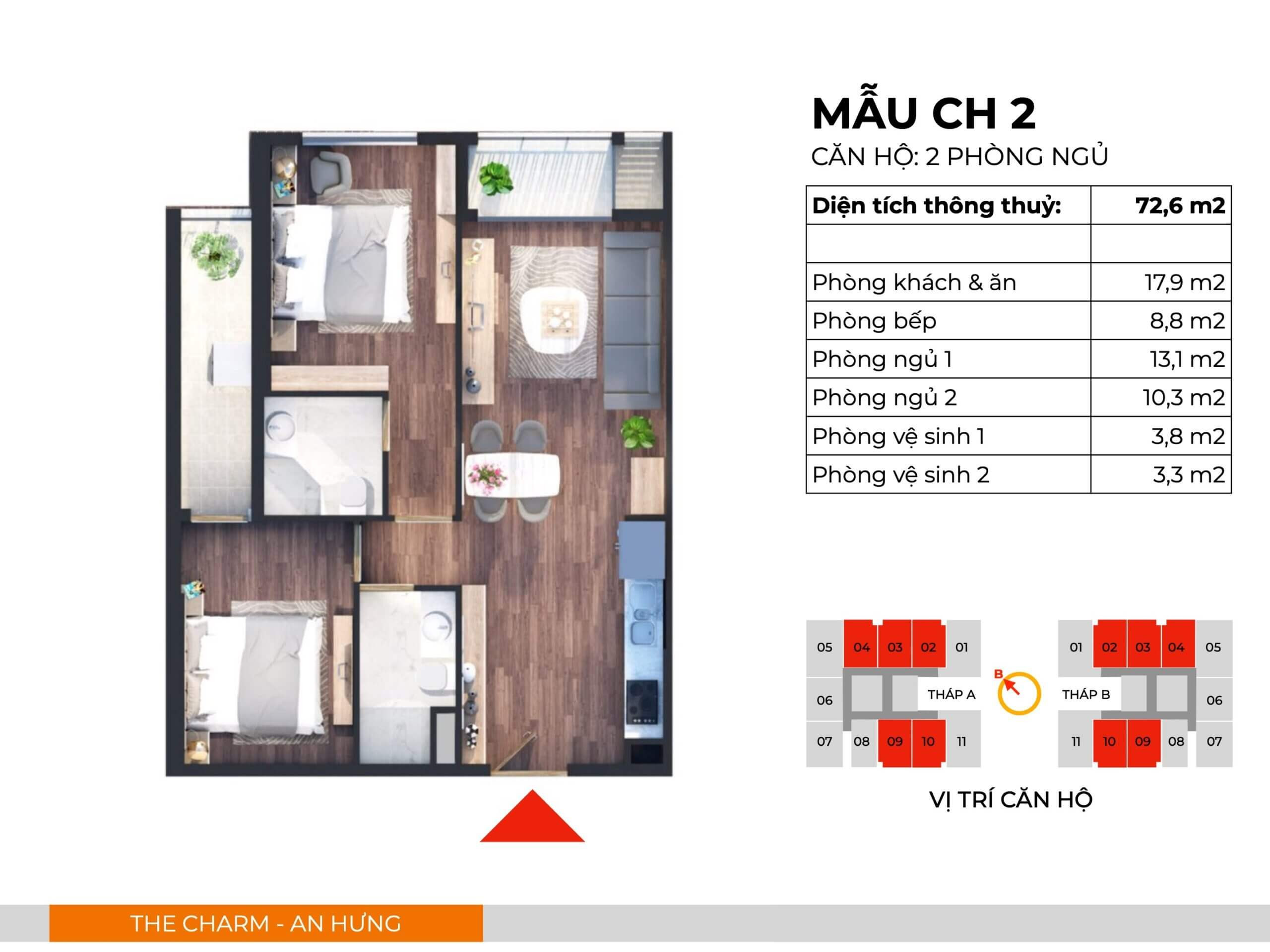 Bán căn hộ 2PN diện tích 72m2 The Charm An Hưng, sẵn sổ đỏ nhận nhà luôn, giá chỉ 5.7 tỷ