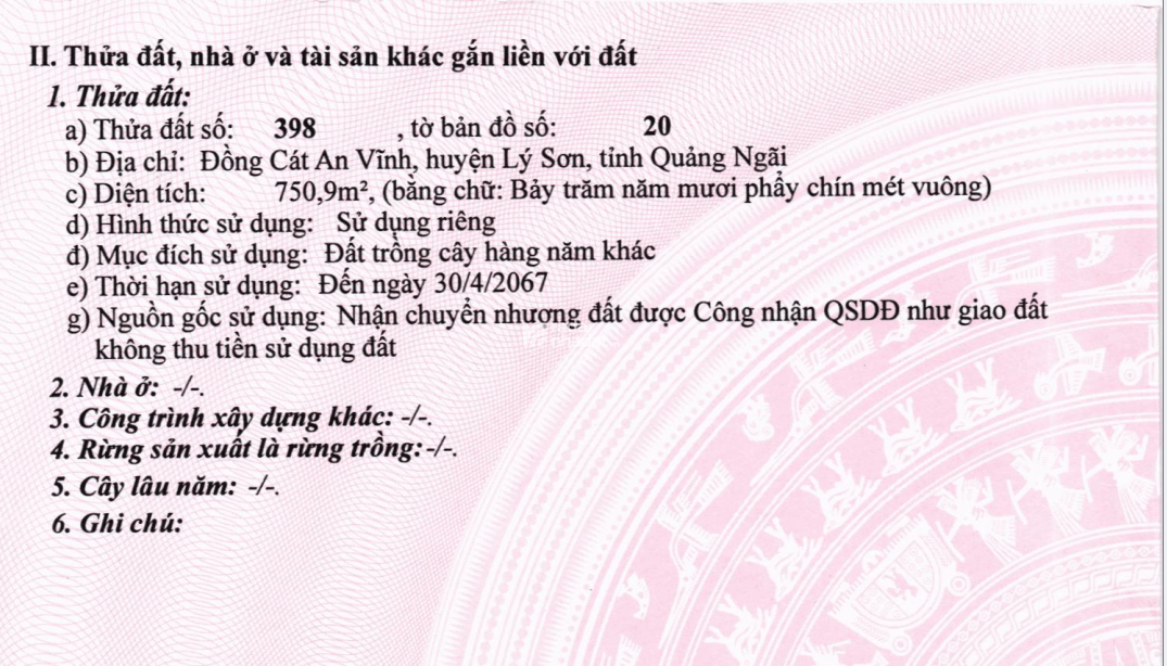 BÁN ĐẤU GIÁ LẦN 1 -  08 TS MBAMC Ở ĐỒNG CÁT AN VĨNH, HUYỆN LÝ SƠN, QUẢNG NGÃI