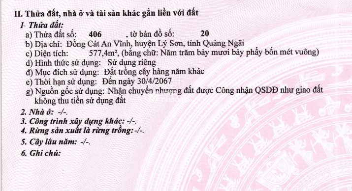 BÁN ĐẤU GIÁ LẦN 1 -  08 TS MBAMC Ở ĐỒNG CÁT AN VĨNH, HUYỆN LÝ SƠN, QUẢNG NGÃI