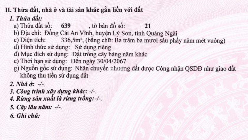 BÁN ĐẤU GIÁ LẦN 1 -  08 TS MBAMC Ở ĐỒNG CÁT AN VĨNH, HUYỆN LÝ SƠN, QUẢNG NGÃI