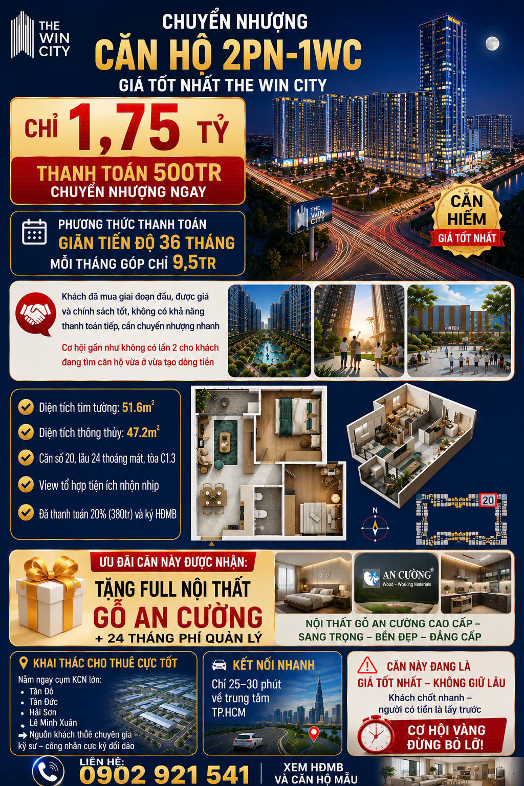 Chuyển nhượng căn hộ, thanh toán 500tr sở hữu, trả góp 36 tháng trực tiếp chủ đầu tư - không vay
