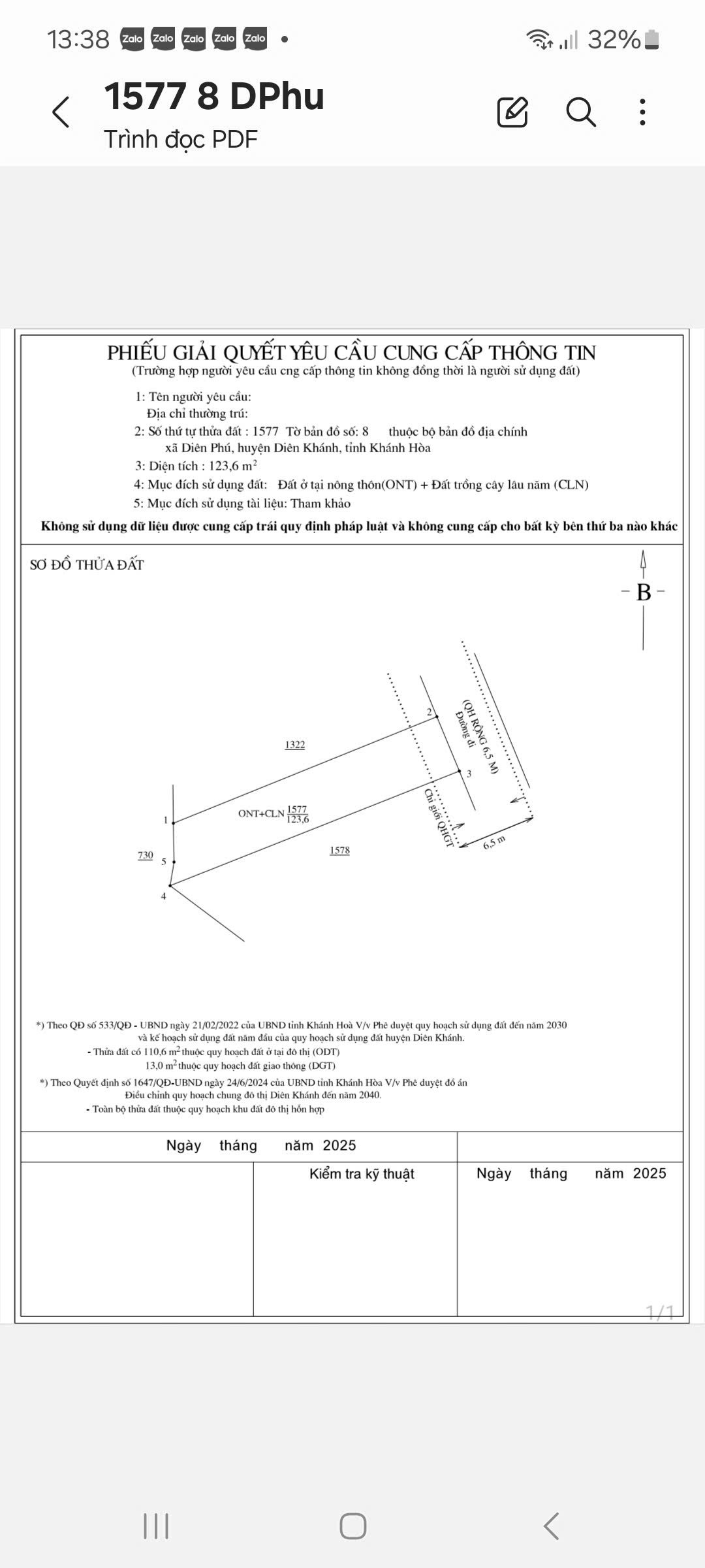 Bán lô đất mtien Mẫu 7 xã Diên Phú . DTICH 123,6m2 , 60 thổ . Giá 1 tỉ 190 triệu