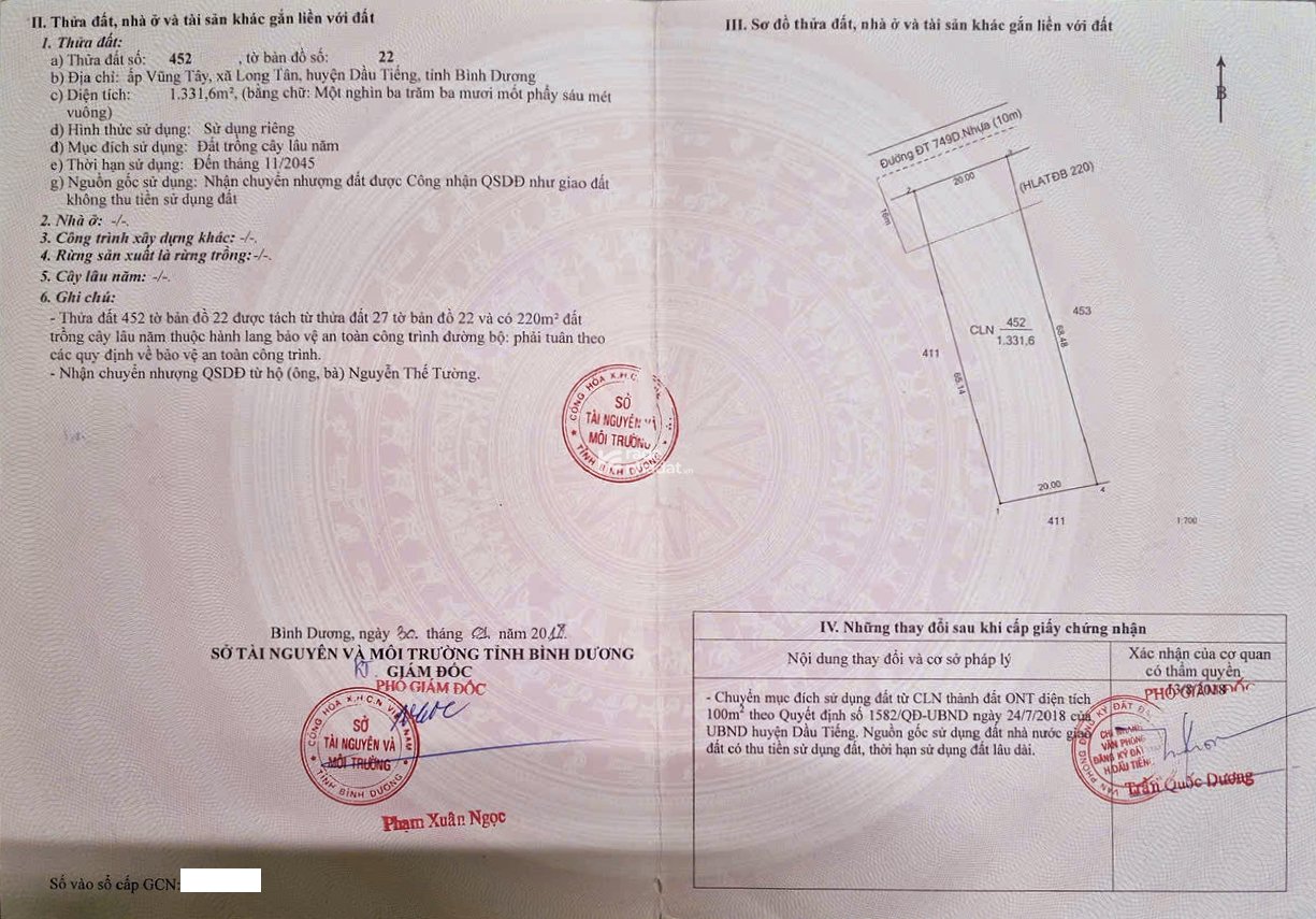 BÁN LÔ ĐẤT MẶT TIỀN ĐƯỜNG ĐT 749D (LONG TÂN, DẦU TIẾNG, BÌNH DƯƠNG)