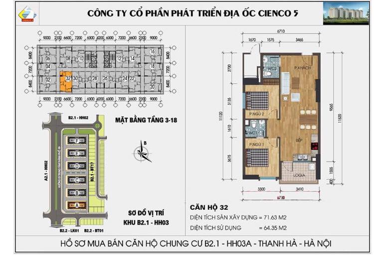 Bán căn hộ chung cư 532 HH03 B2.1 Thanh Hà Cienco5  Full nội thất 72m2