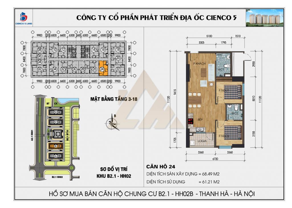 Bán căn hộ 68.5m2 tầng trung đẹp mặt đường chung cư Thanh Hà Cienco5 -Giá 2.7 Tỷ