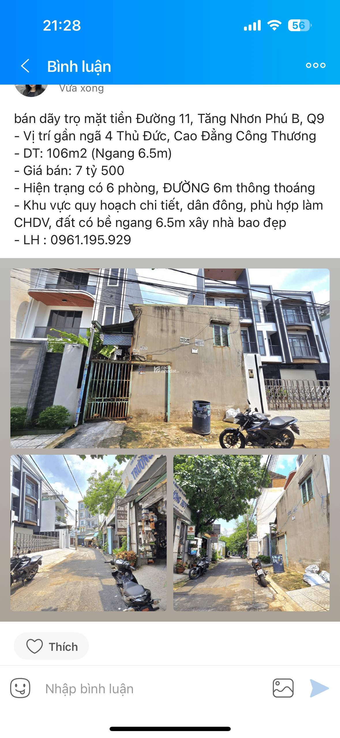 Bán dãy trọ 106m2 ngang 6.5 vuông vức - MT ĐS 11 Tăng B, CĐ Công Thương - 7.5 tỷ