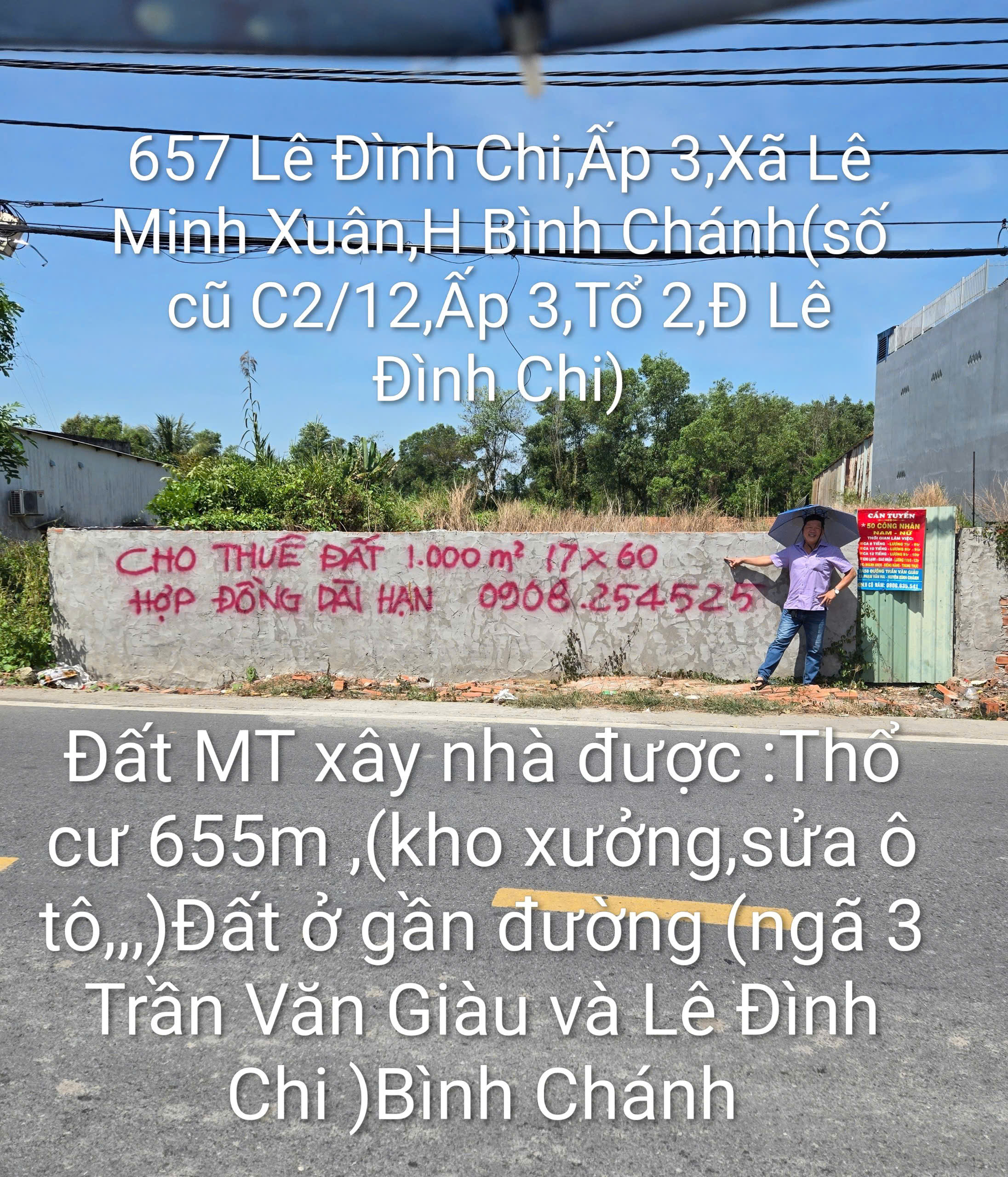 CHO THUÊ GẤP ĐẤT MT BÌNH CHÁNH - XÃ LÊ ĐÌNH CHI 1.000m2 (17x60 THỔ CƯ 655m2) GIÁ TỐT THƯƠNG LƯỢNG 