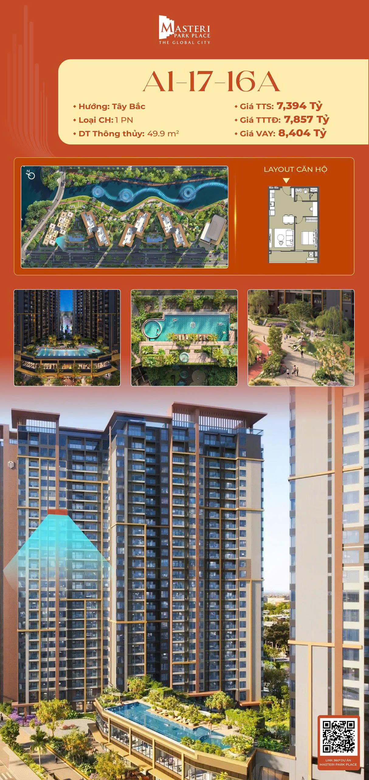 Căn hộ Masteri Park Place MPP (Global City) giá tốt nhất, 1PN 54m2 7,6ty thanh toán giãn