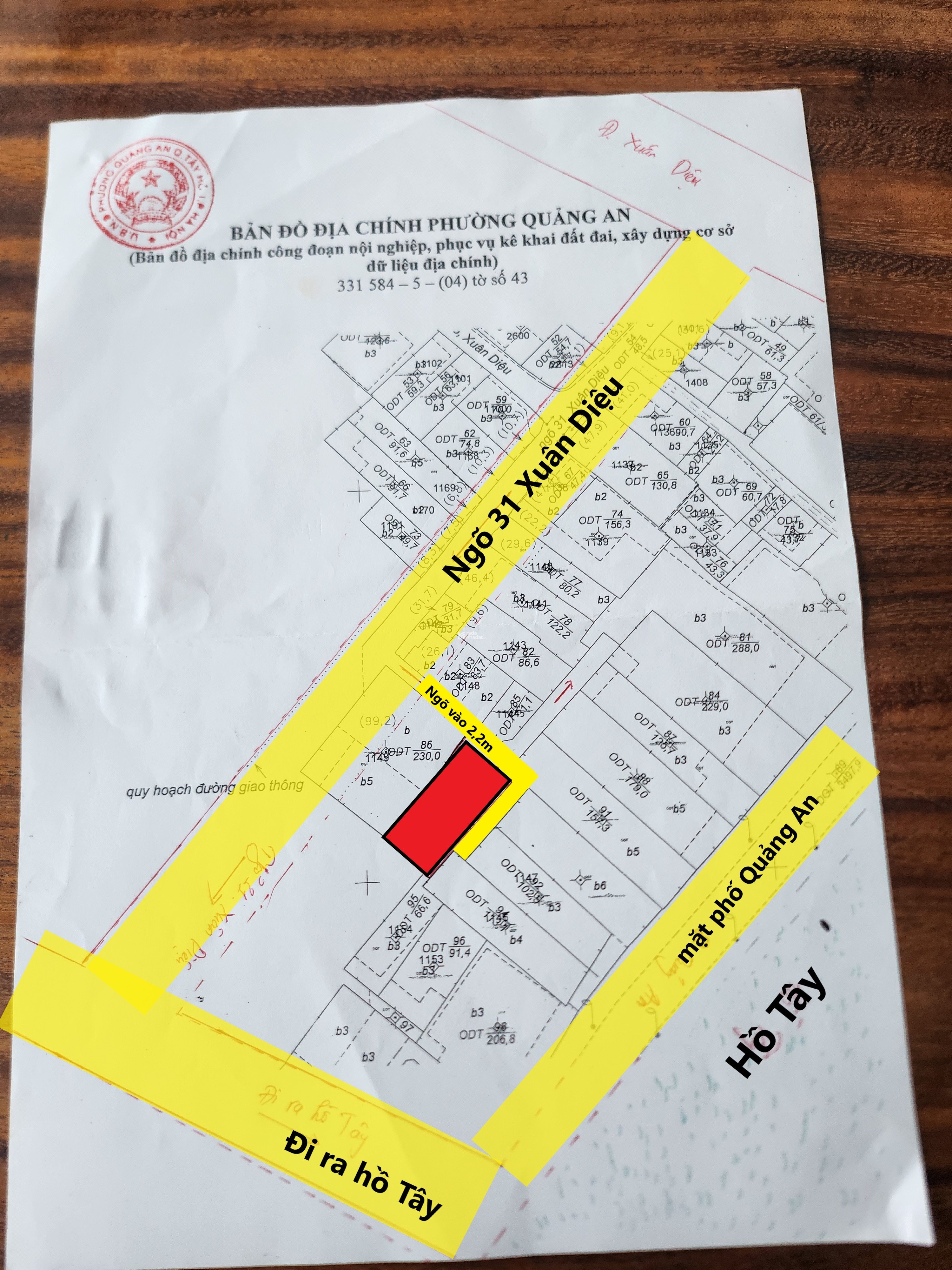 Cần bán mảnh đất thổ cư diện tích 120m2, 31/75 Đường Xuân Diệu, phường Quảng An, quận Tây Hồ