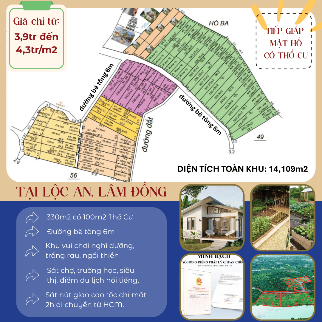 ĐẤT LỘC AN LÂM ĐỒNG CÓ THỔ CƯ TIẾP GIÁP MẶT HỒ CHỈ TỪ 3,9TR-4,250TR/M2