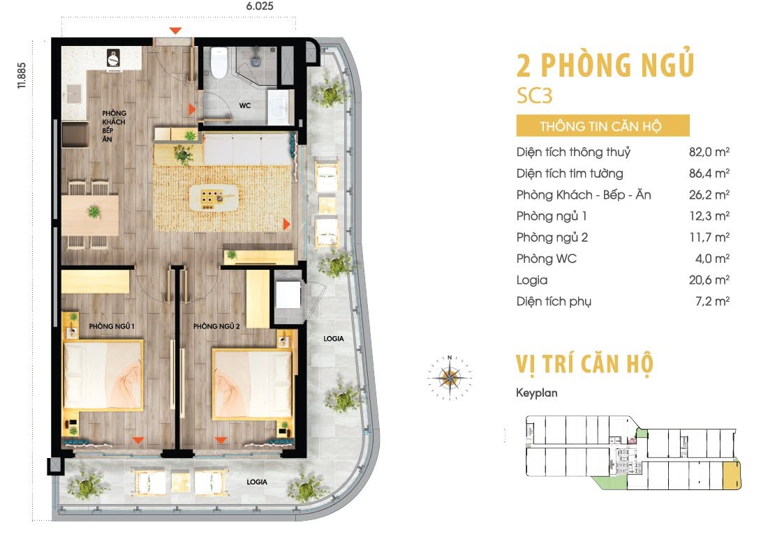 Căn hộ TTC, căn góc 2PN, 61m2, view biển. HTLS 50%, ân hạn gốc lãi 12 tháng