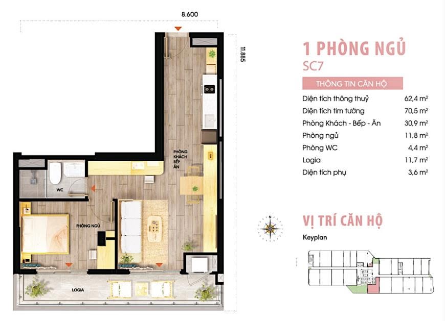 Căn hộ TTC, căn góc 2PN, 61m2, view biển. HTLS 50%, ân hạn gốc lãi 12 tháng