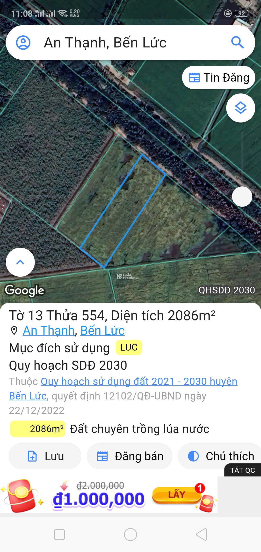 Bán đất lúa (chính chủ), gần KDC Nam Long, An Thạnh, Bến Lức, Long An