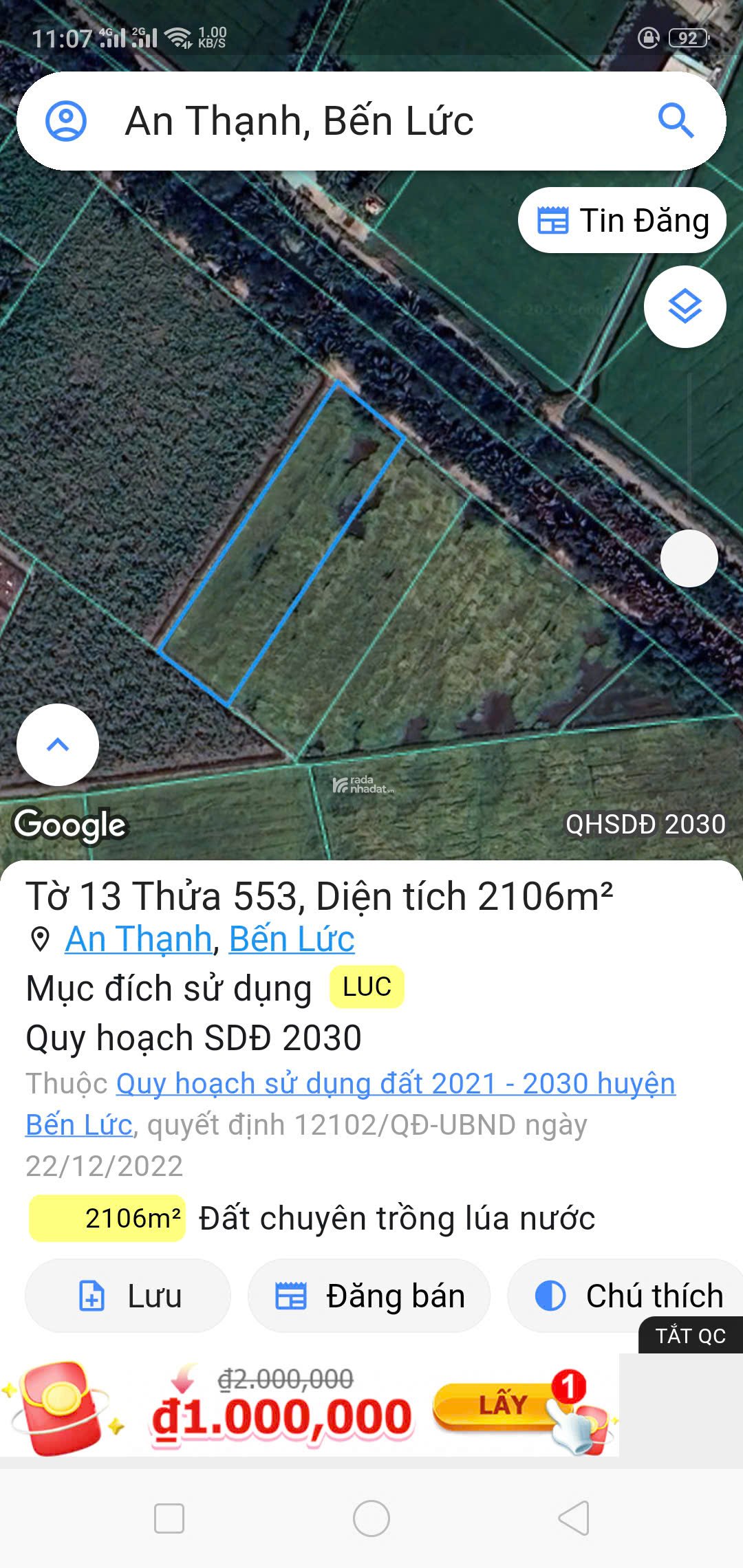 Bán đất lúa (chính chủ), gần KDC Nam Long, An Thạnh, Bến Lức, Long An