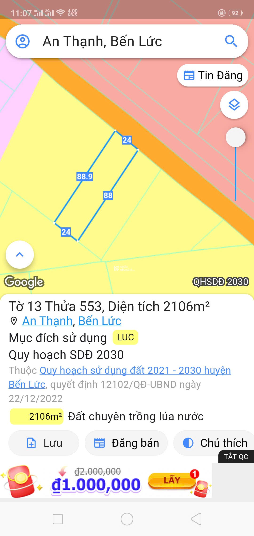 Bán đất lúa (chính chủ), gần KDC Nam Long, An Thạnh, Bến Lức, Long An