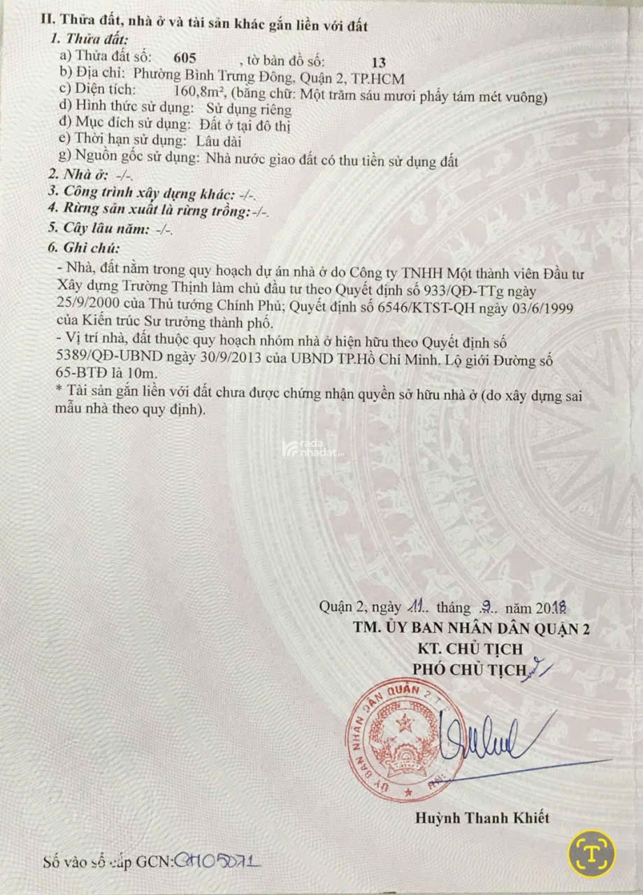 Đất nền BT liên kế vị trí đẹp BTĐ, KDC Trường Thịnh Q2, DT 160,8m2, sổ Hồng - 19,2 tỷ