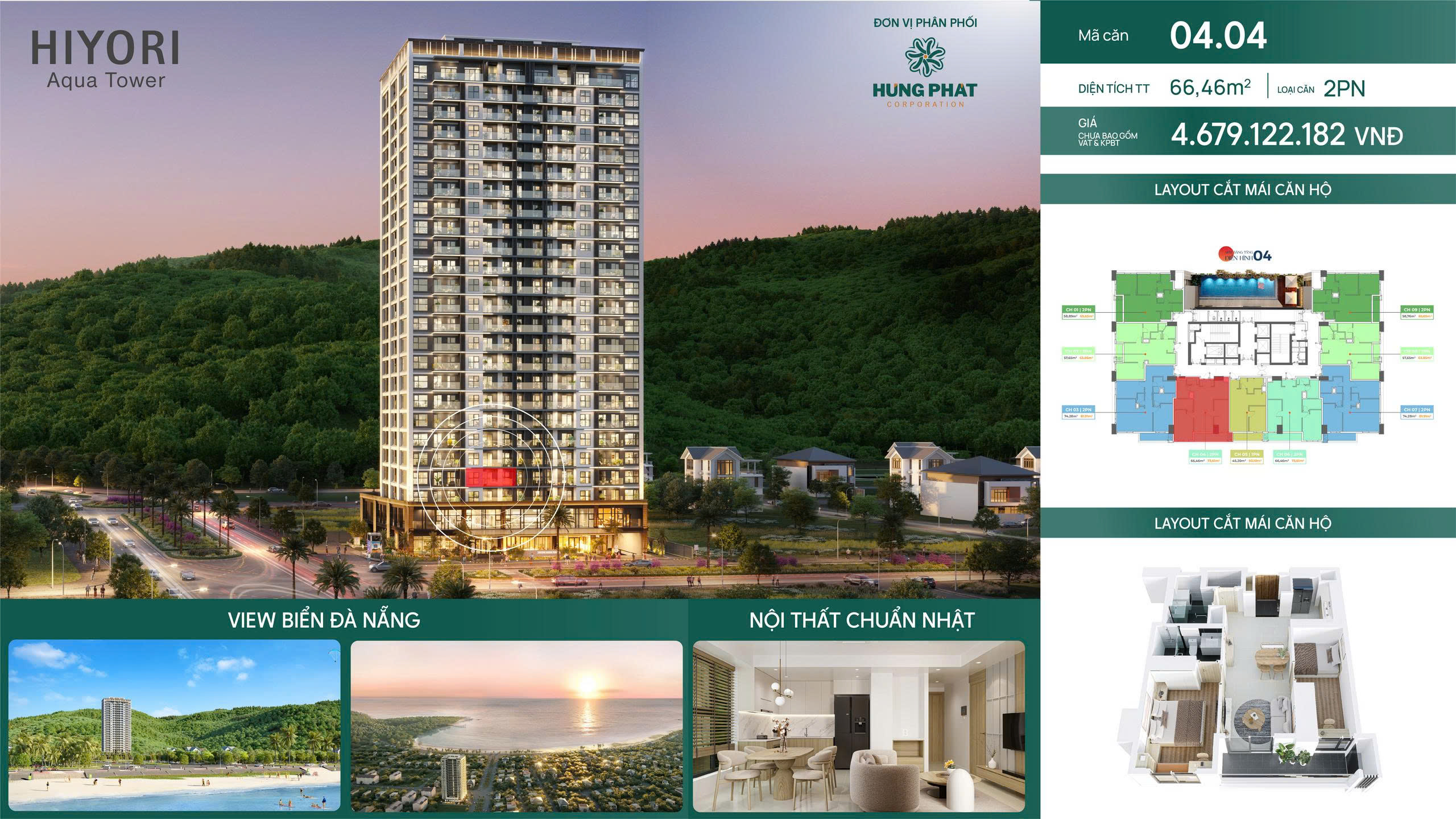 Bán căn hộ 2pn, 2wc tại hiyori aqua tower, giá chỉ từ 3,8 tỷ, view trực diện biển