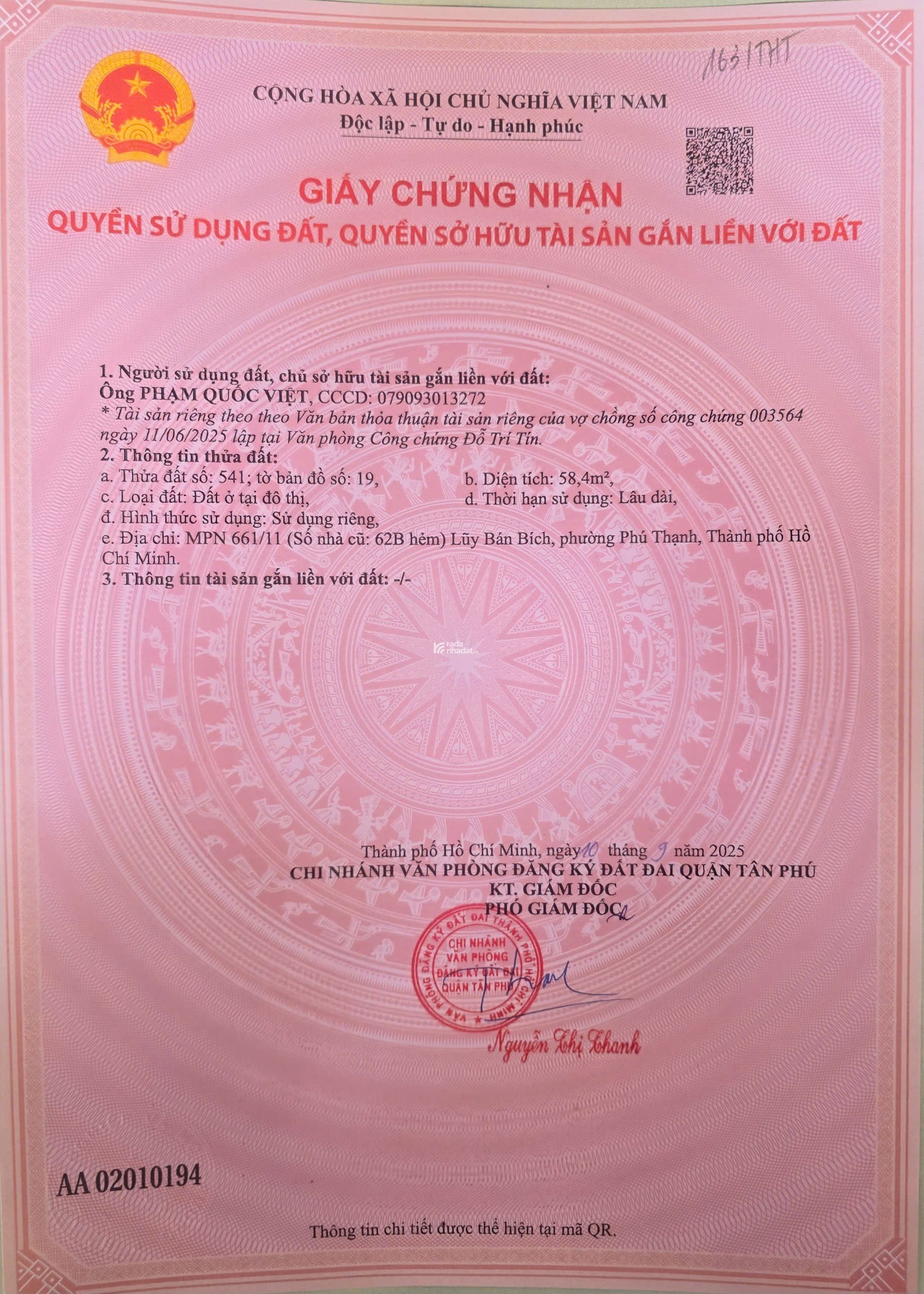 BÁN LÔ ĐẤT HXH LŨY BÁN BÍCH (3.5 X 18.5M), ĐÃ CÓ GPXD 4 LẦU, GIÁ BÁN 5,75 TỶ