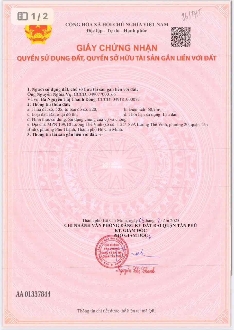 BÁN 2 LÔ ĐẤT LƯƠNG THẾ VINH, QUẬN TÂN PHÚ, DT 4.4 X 13.5M (67M2), NGAY Q11, Q6
