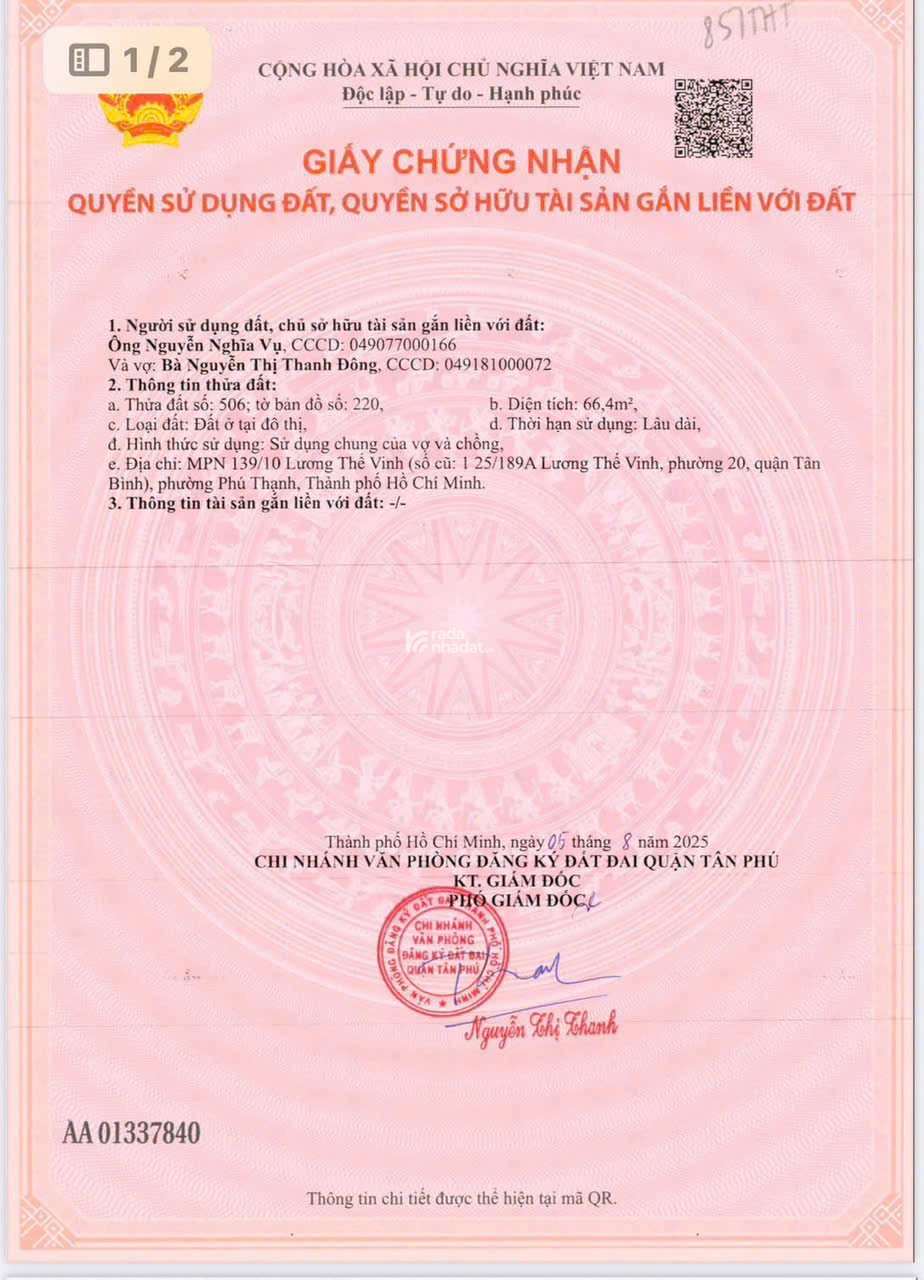 BÁN 2 LÔ ĐẤT LƯƠNG THẾ VINH, QUẬN TÂN PHÚ, DT 4.4 X 13.5M (67M2), NGAY Q11, Q6