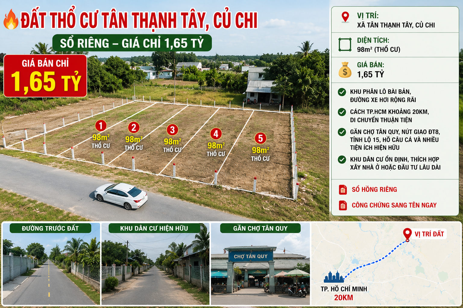Kẹt tiền nên bán lỗ lô đất 98m2, ngay đường Nguyễn Kim cương xã tân Thạnh tây , Củ chi