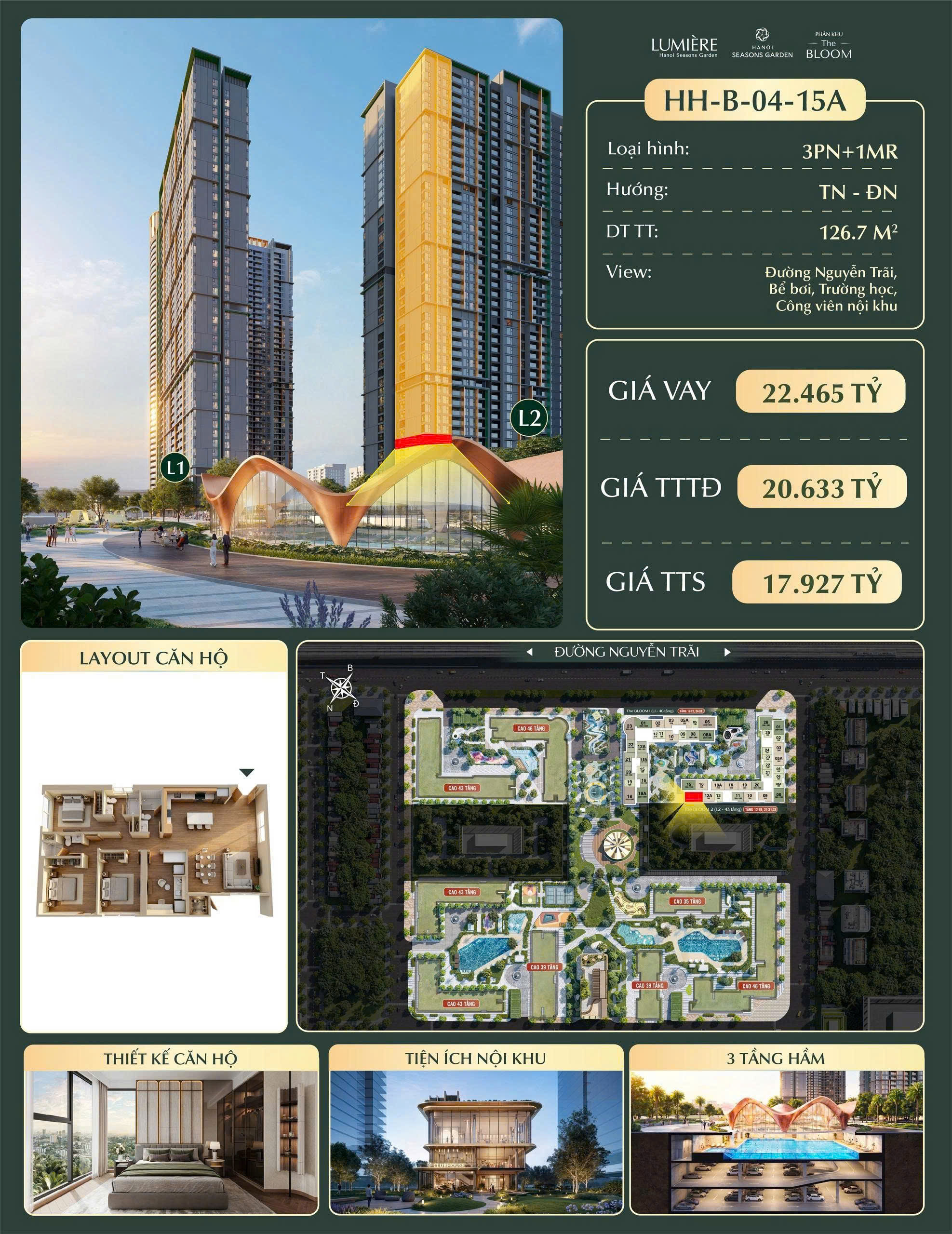 Căn góc 3PN1MR diện tích 126.7m2 tại Lumière Hanoi Seasons Garden