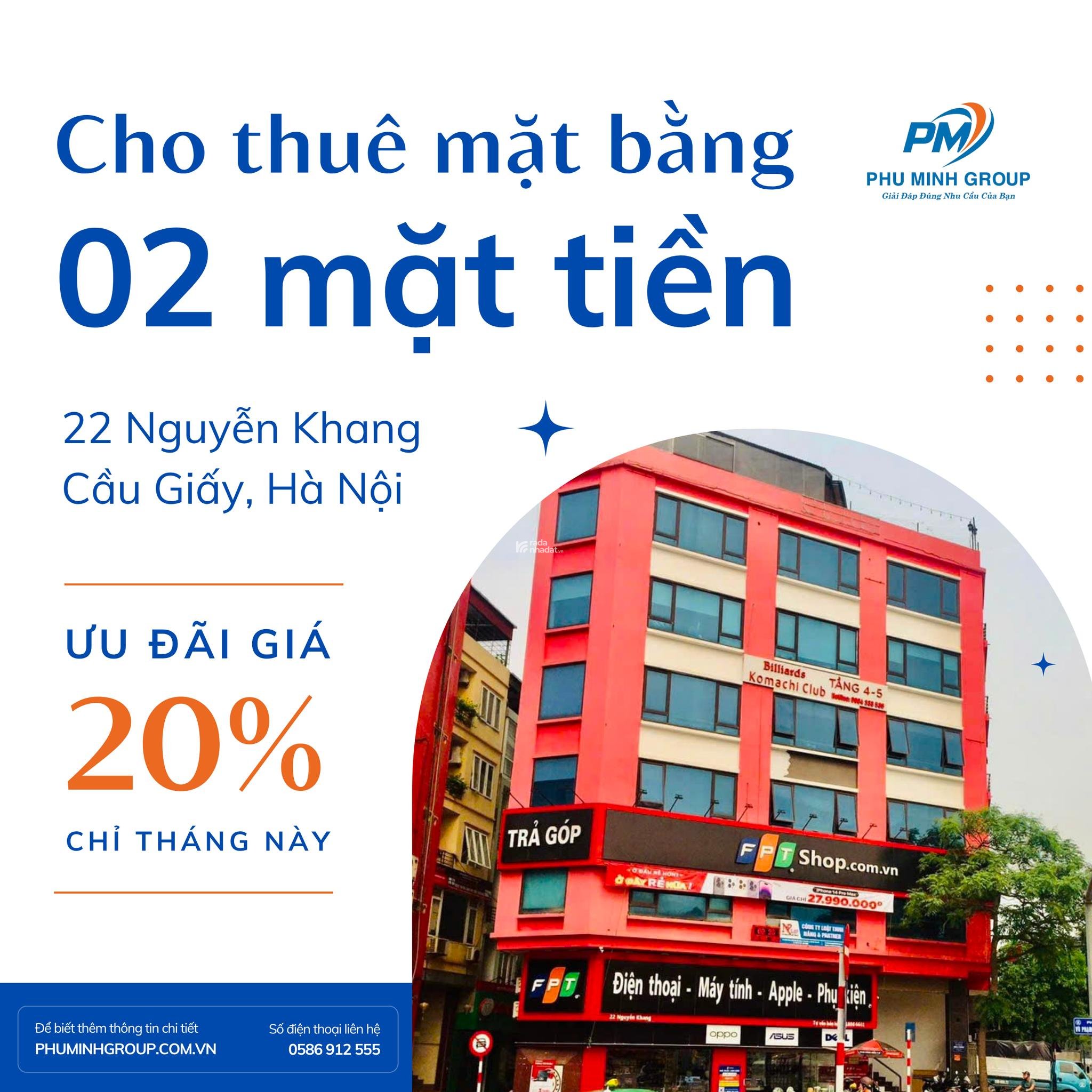 CHO THUÊ VĂN PHÒNG MẶT BẰNG TẠI 22 NGUYỄN KHANG, LÔ GÓC 2 MẶT TIỀN SẦM UẤT