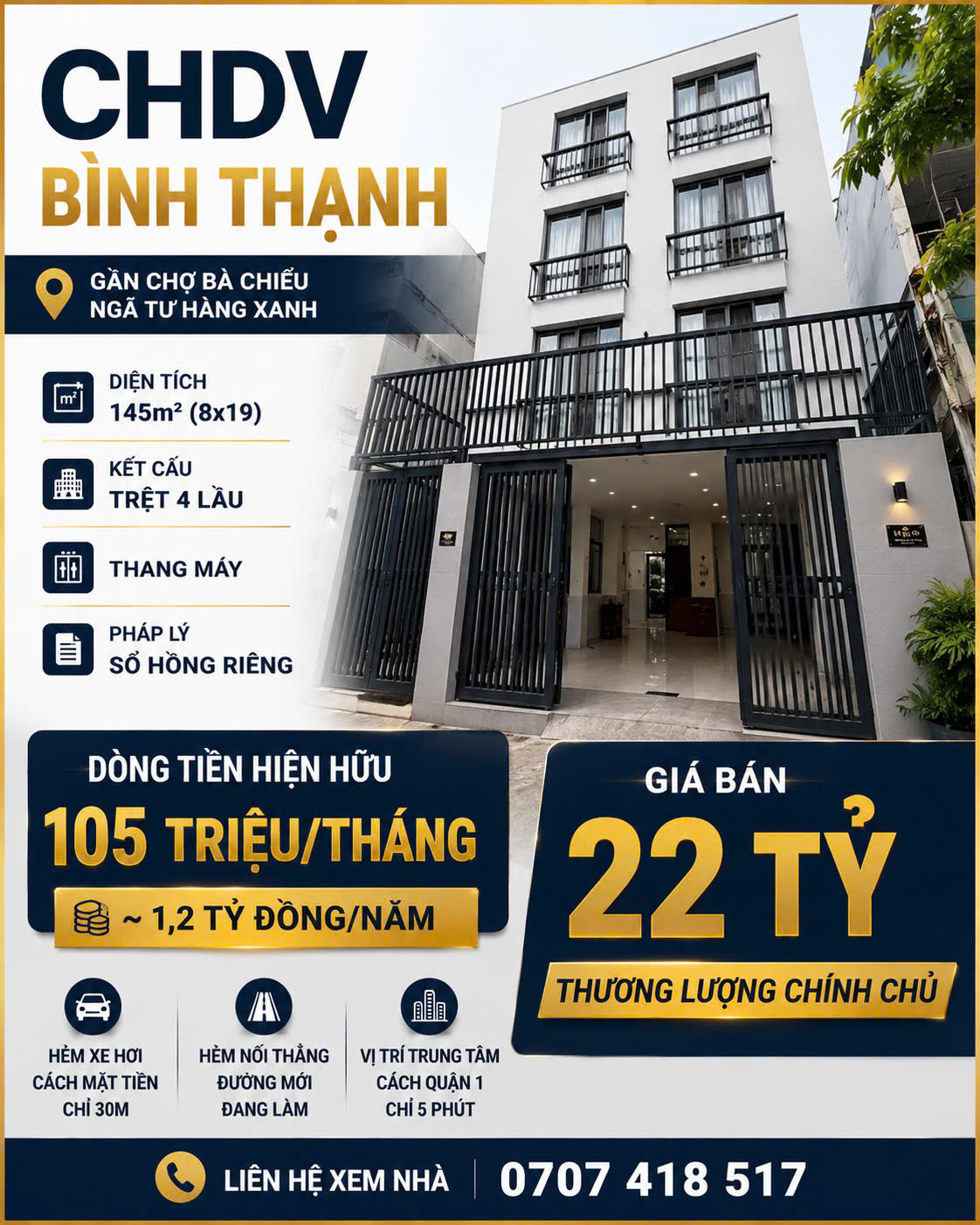 Bán CHDV cho thuê 105tr/th hẻm xe hơi gần Bùi Đình Túy. Sát chợ Bà Chiểu NT Hàng Xanh 8x19