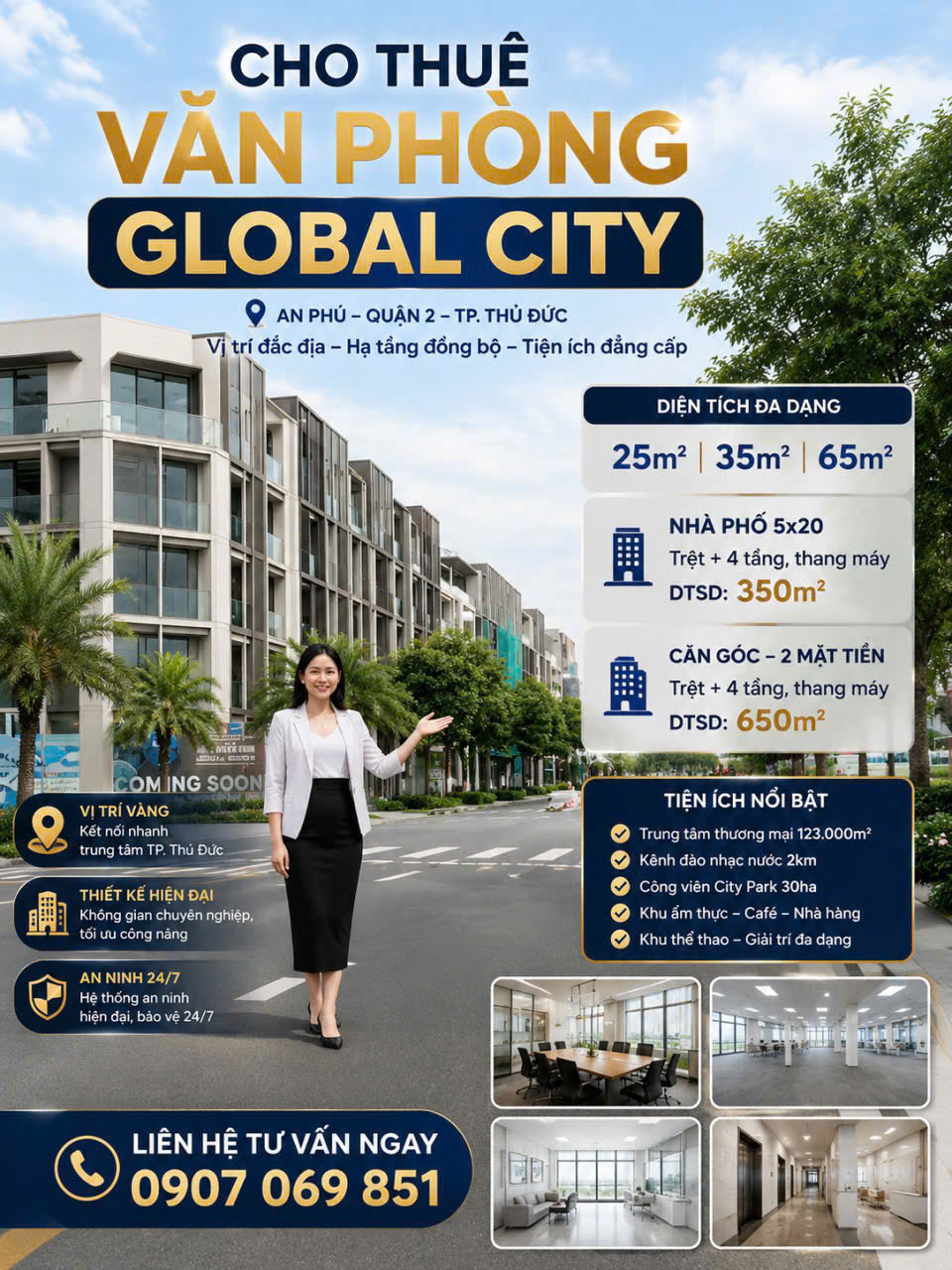 Cho thuê nhà phố văn phòng Global City,nội thất cơ bản và hiện đại 55 triệu/th